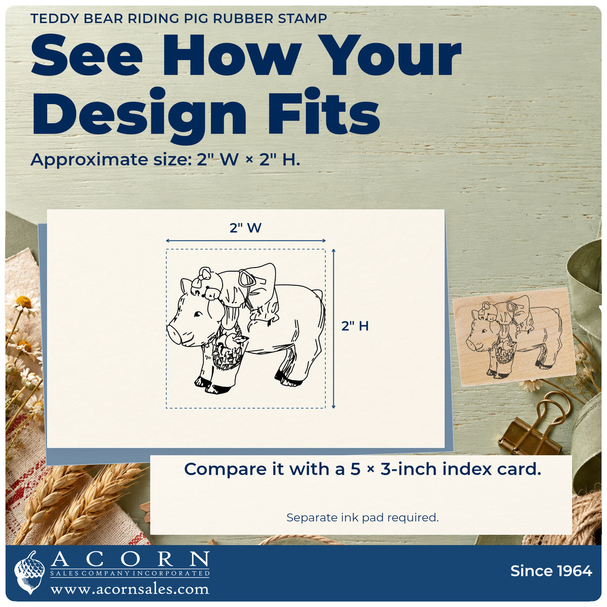 Teddy Bear Riding Pig Rubber Stamp impression-size guide showing the design on a paper reference with dimension labels.