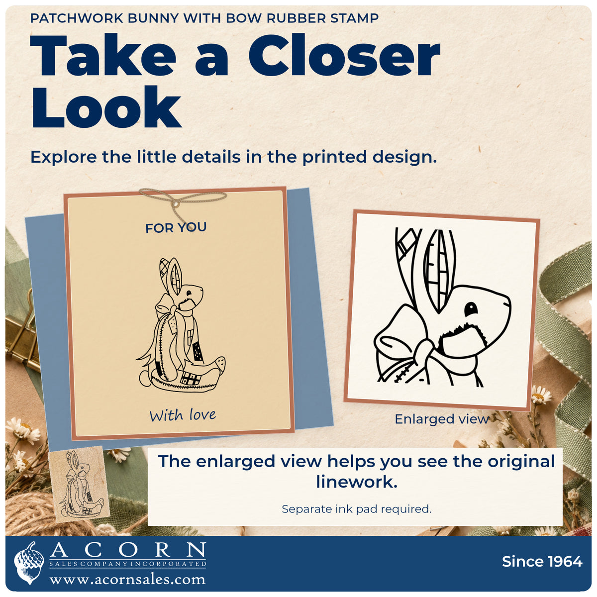 Patchwork Bunny with Bow Rubber Stamp detail infographic with an enlarged view of the printed design.