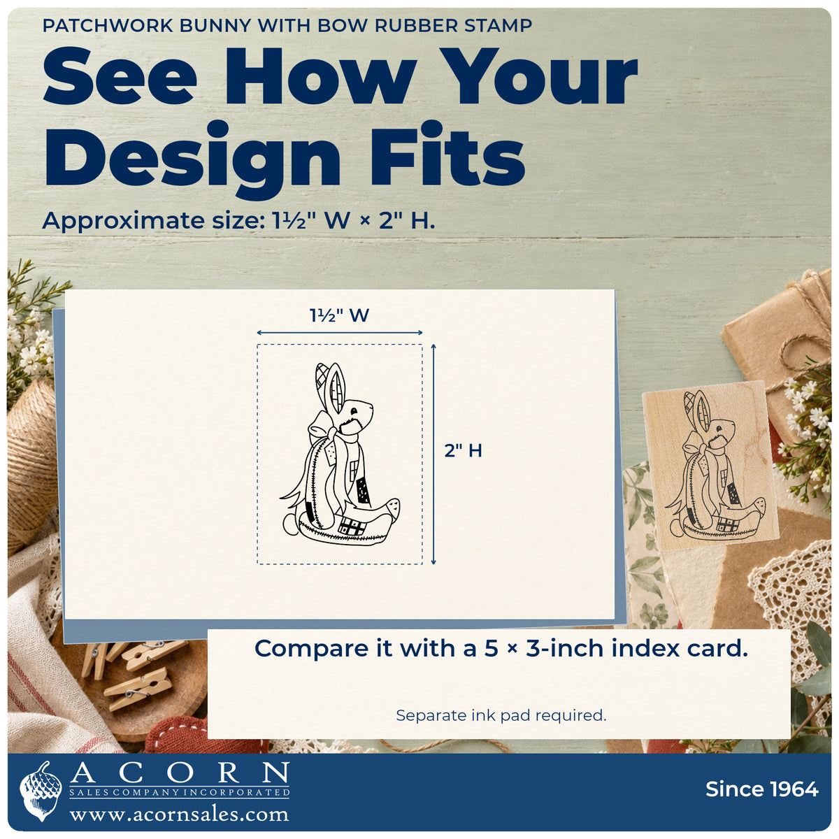 Patchwork Bunny with Bow Rubber Stamp impression-size guide showing the design on a paper reference with dimension labels.