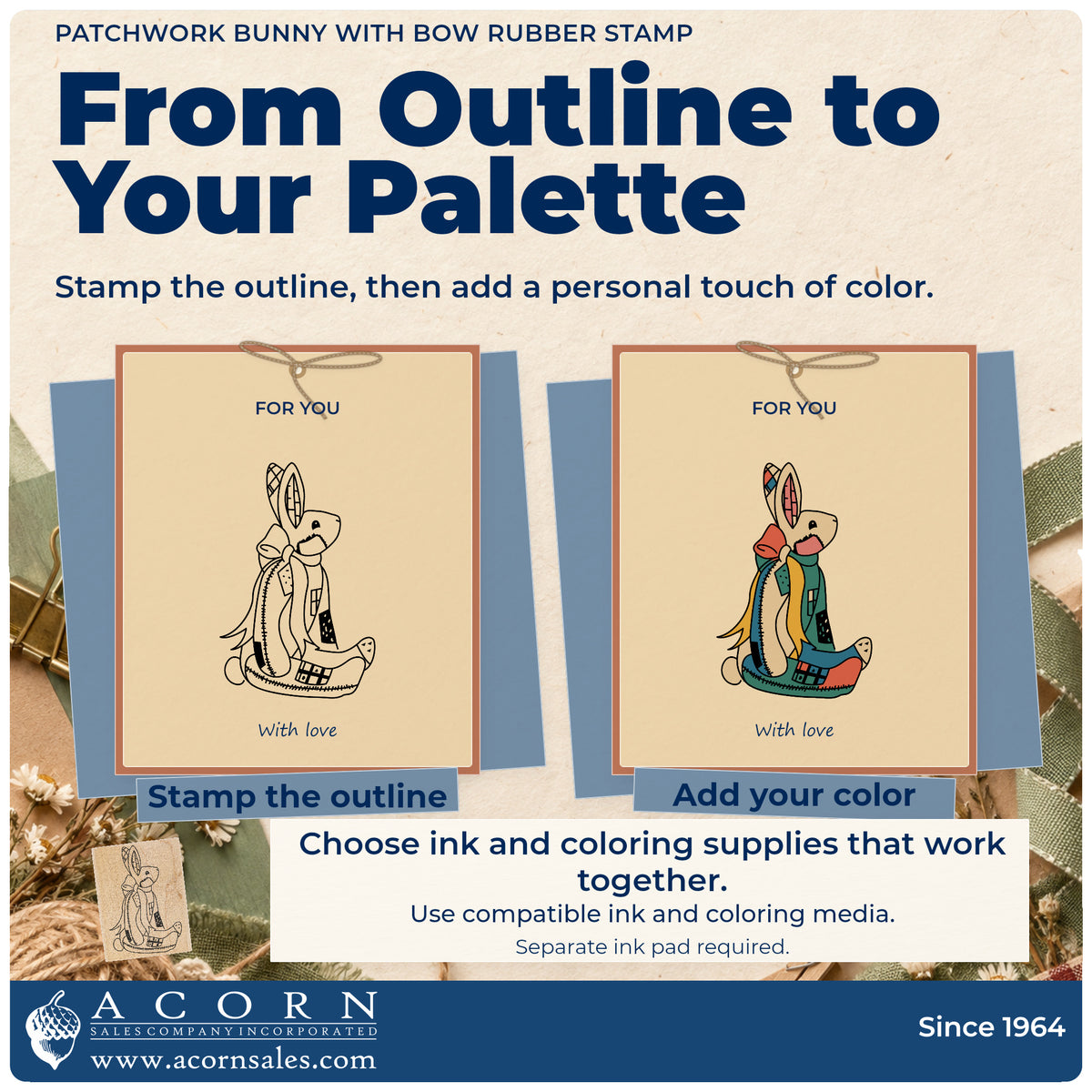 Patchwork Bunny with Bow Rubber Stamp stamp-and-color guide comparing an outline impression with a colored example.