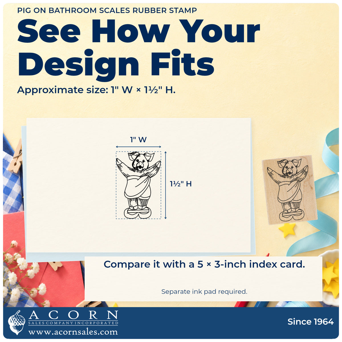 Pig on Bathroom Scales Rubber Stamp impression-size guide showing the design on a paper reference with dimension labels.