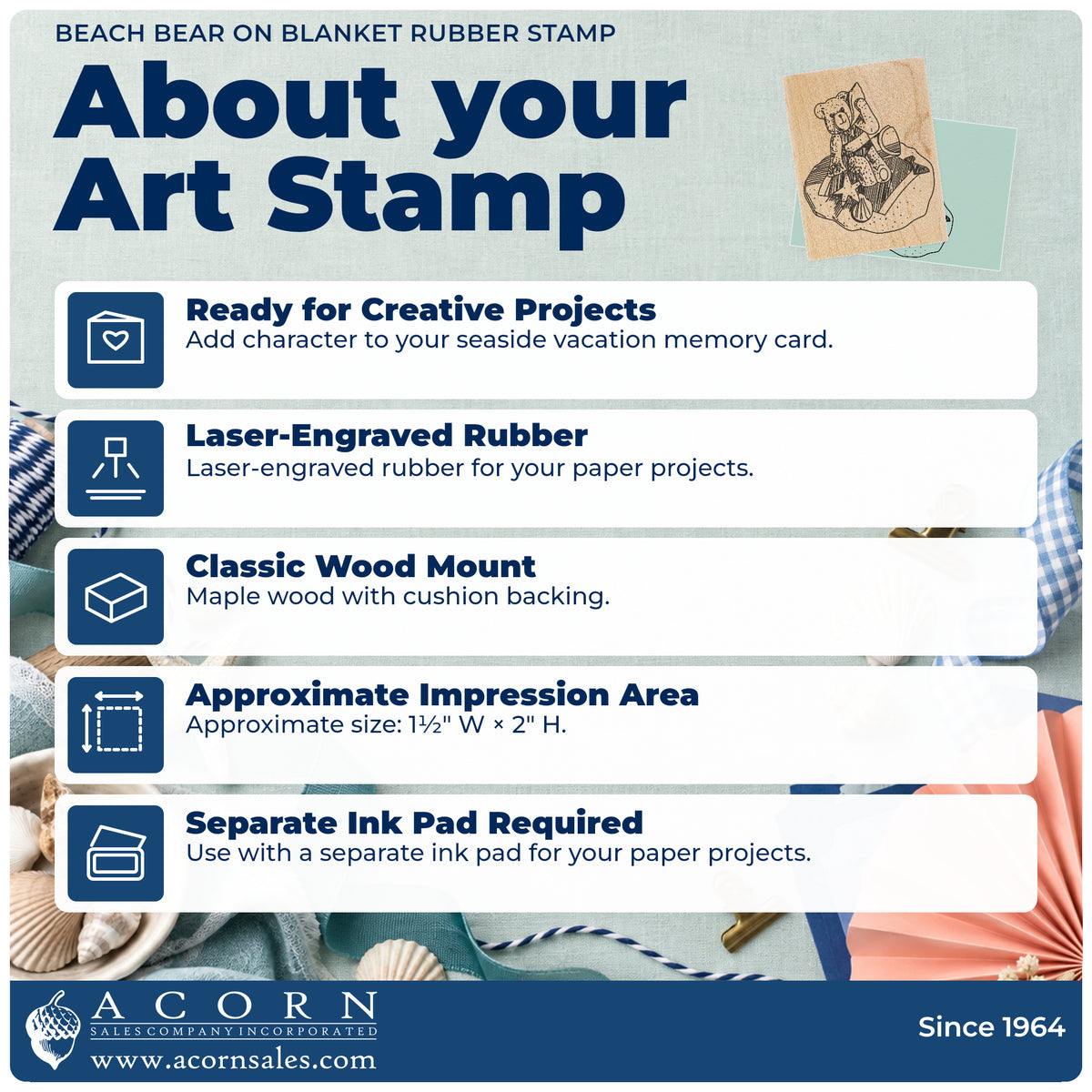 Beach Bear on Blanket Rubber Stamp feature guide covering the wood mount, rubber construction, approximate size and separate ink pad.