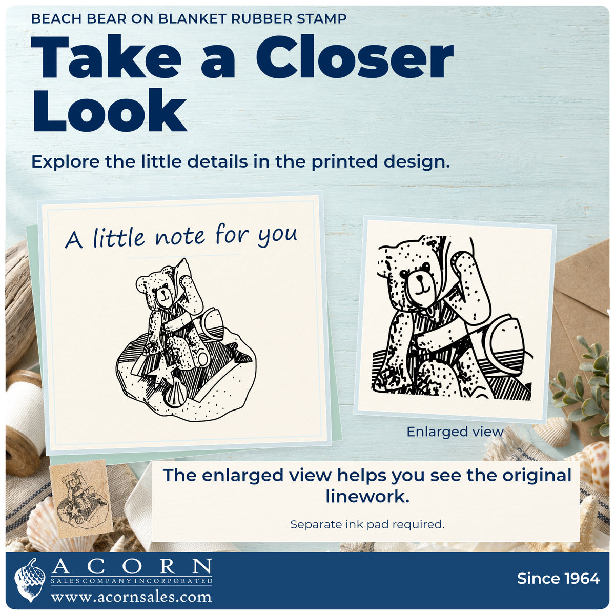 Beach Bear on Blanket Rubber Stamp detail infographic with an enlarged view of the printed design.