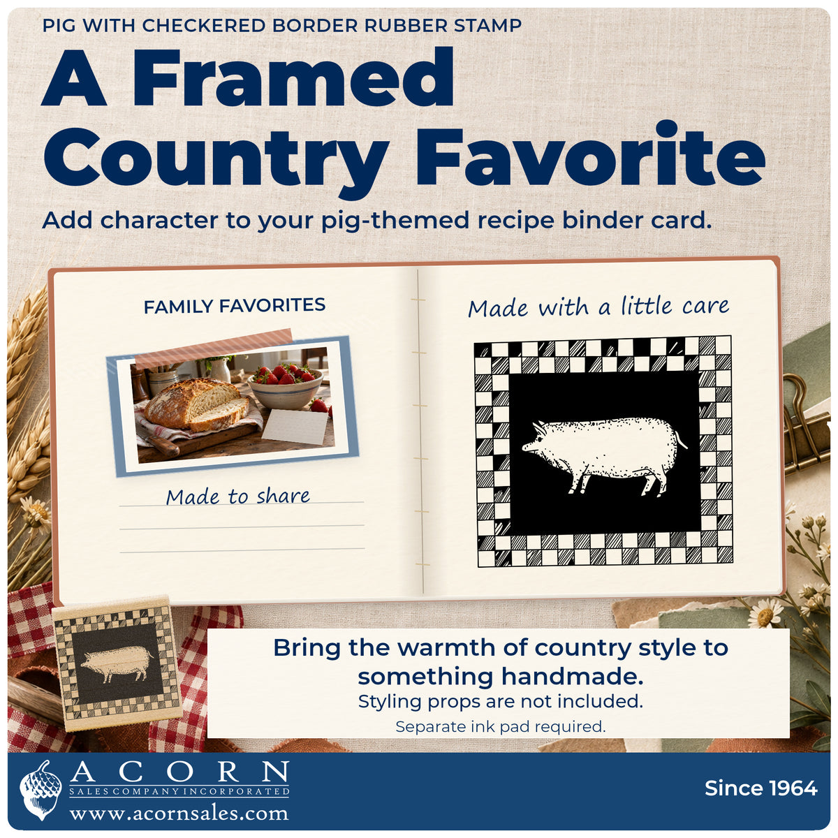 Pig with Checkered Border Rubber Stamp project inspiration: pig themed recipe binder card.
