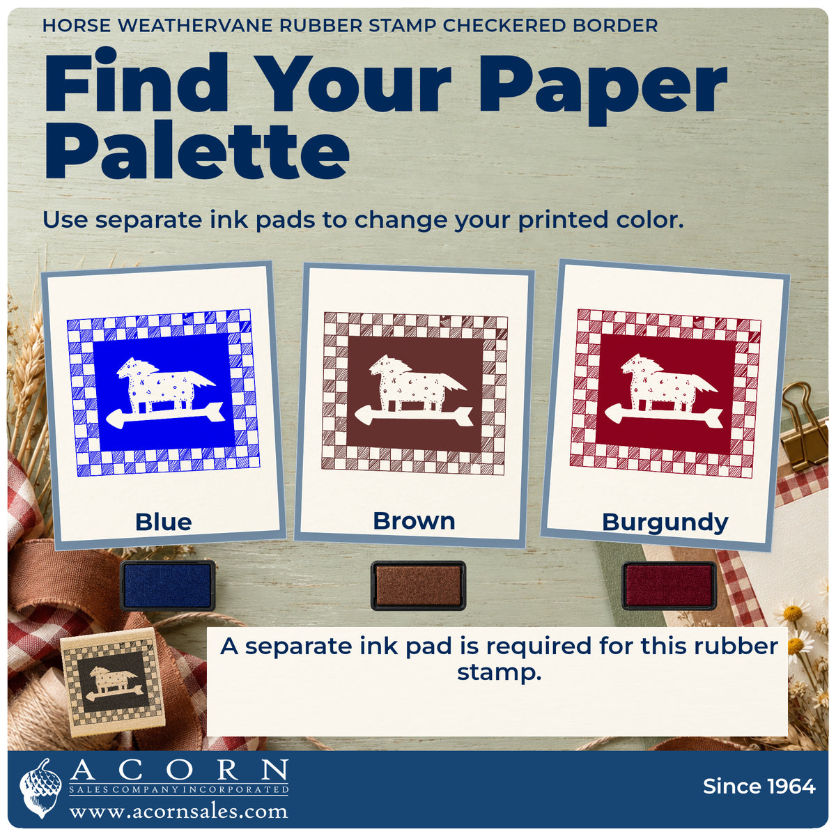 Horse Weathervane Rubber Stamp Checkered Border ink-color infographic comparing three single-color impressions and a separate ink pad.