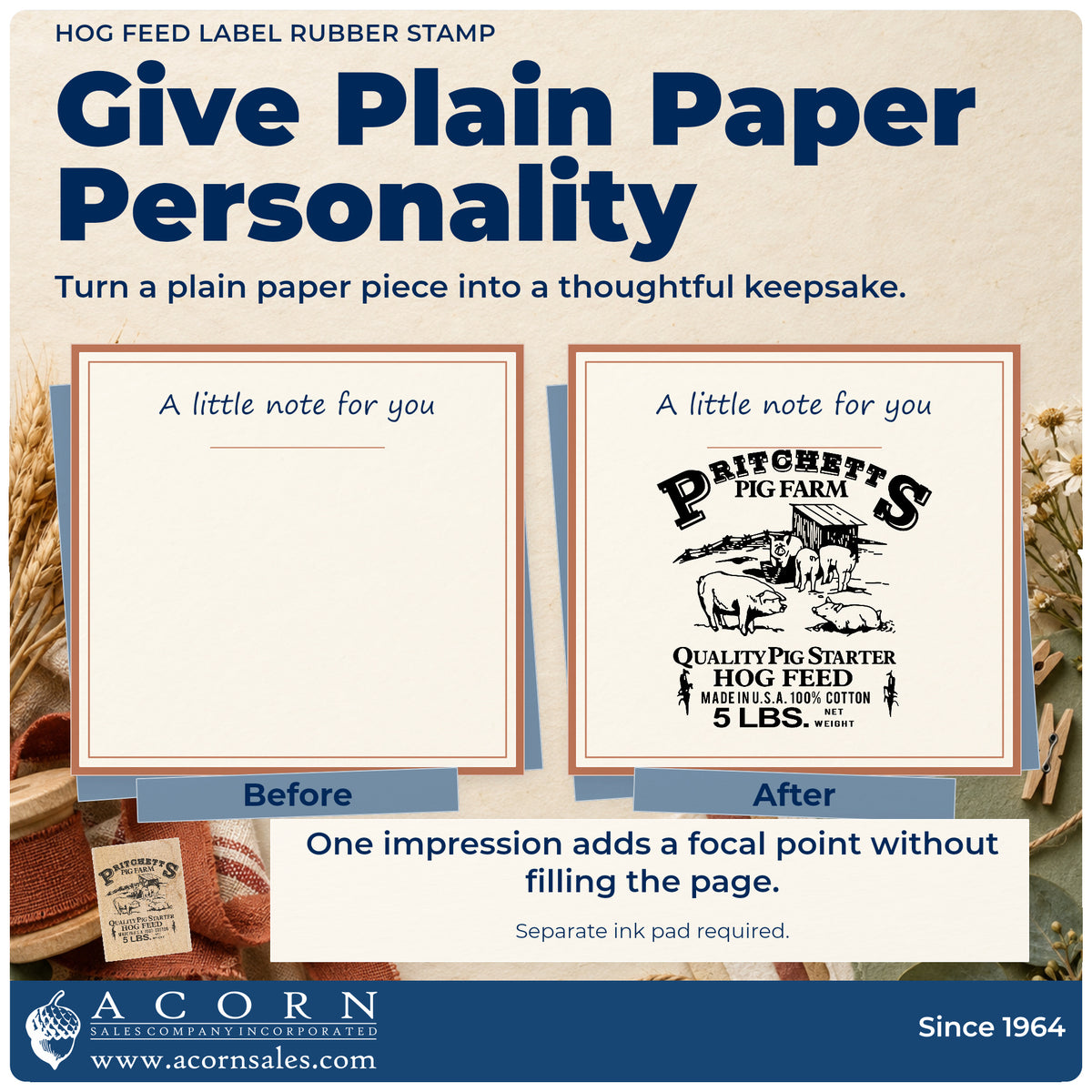 Hog Feed Label Rubber Stamp before-and-after infographic comparing plain paper with the stamped project.