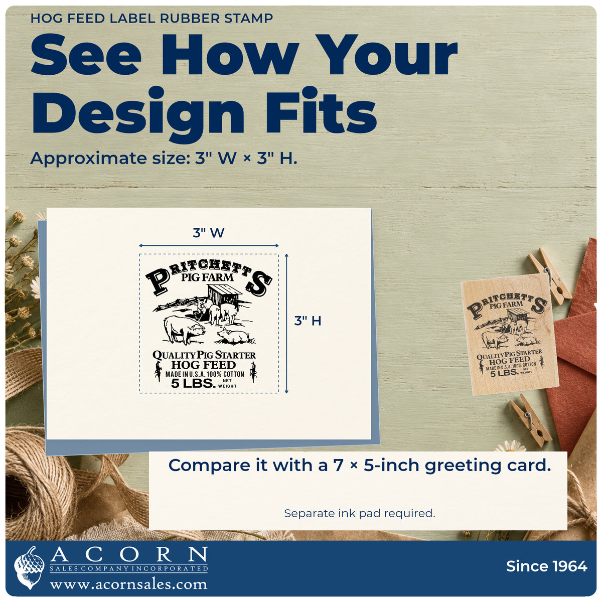 Hog Feed Label Rubber Stamp impression-size guide showing the design on a paper reference with dimension labels.