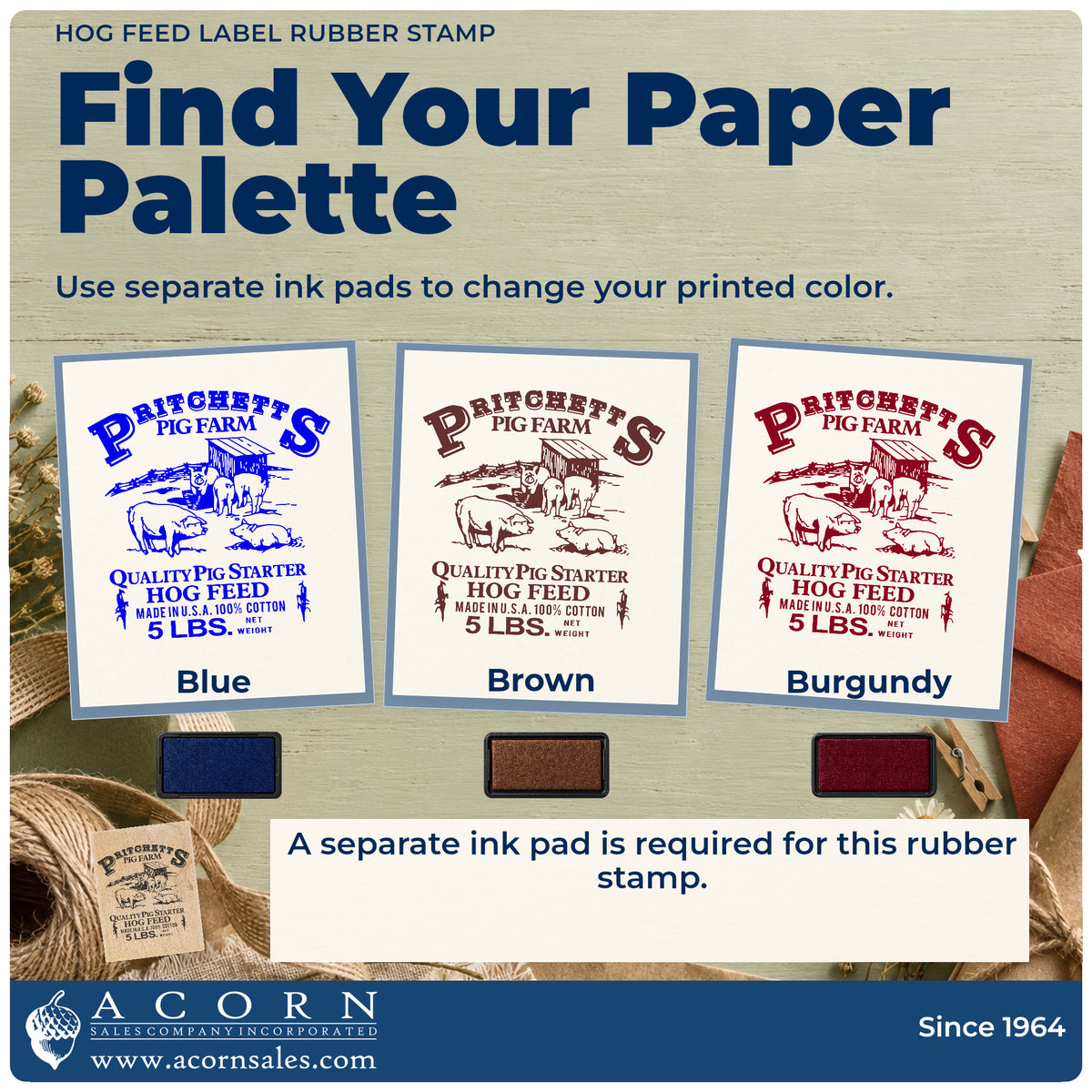 Hog Feed Label Rubber Stamp ink-color infographic comparing three single-color impressions and a separate ink pad.
