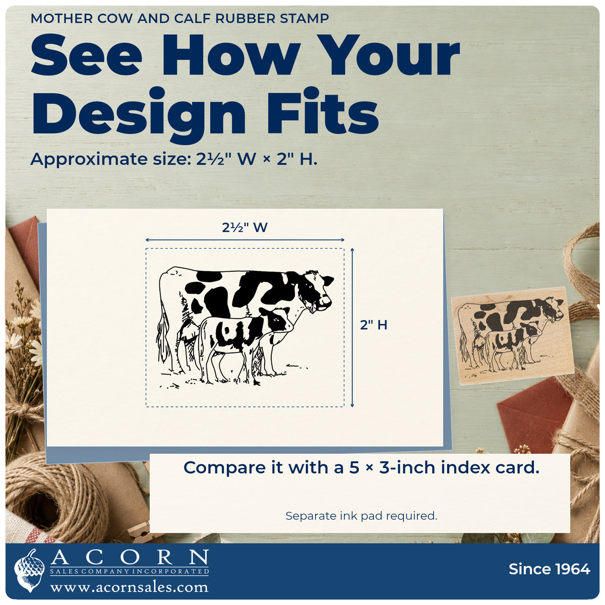 Mother Cow and Calf Rubber Stamp impression-size guide showing the design on a paper reference with dimension labels.