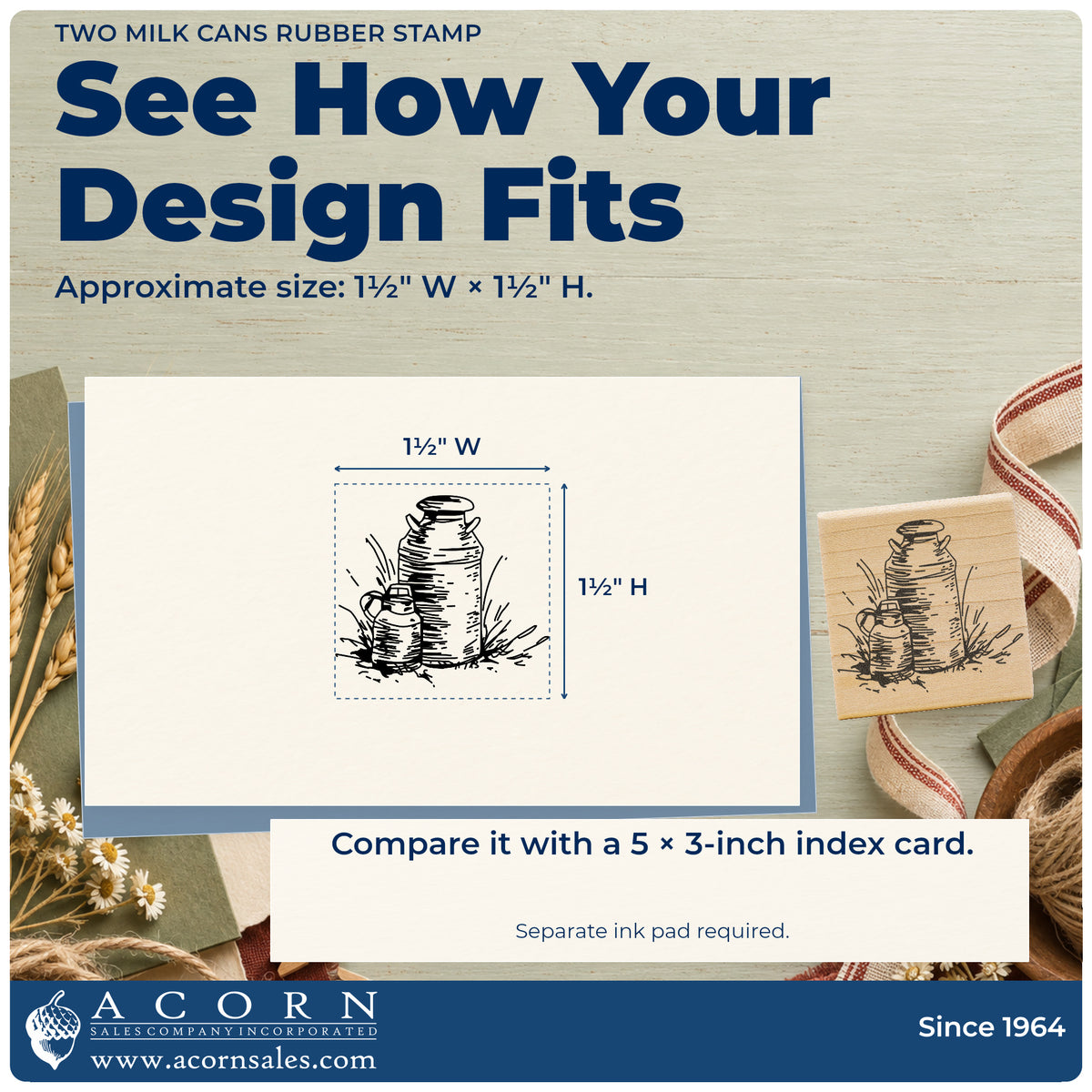 Two Milk Cans Rubber Stamp impression-size guide showing the design on a paper reference with dimension labels.