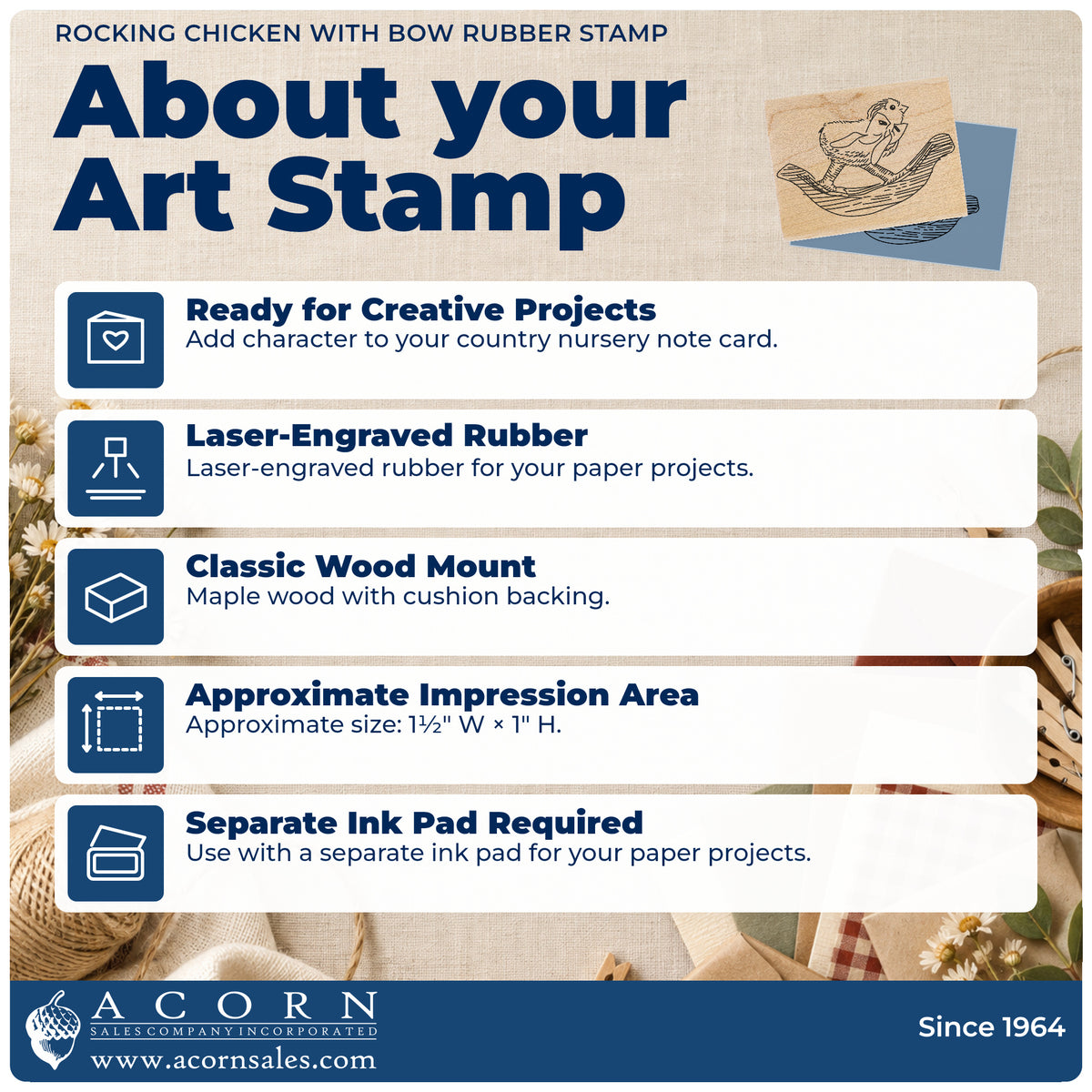 Rocking Chicken with Bow Rubber Stamp feature guide covering the wood mount, rubber construction, approximate size and separate ink pad.