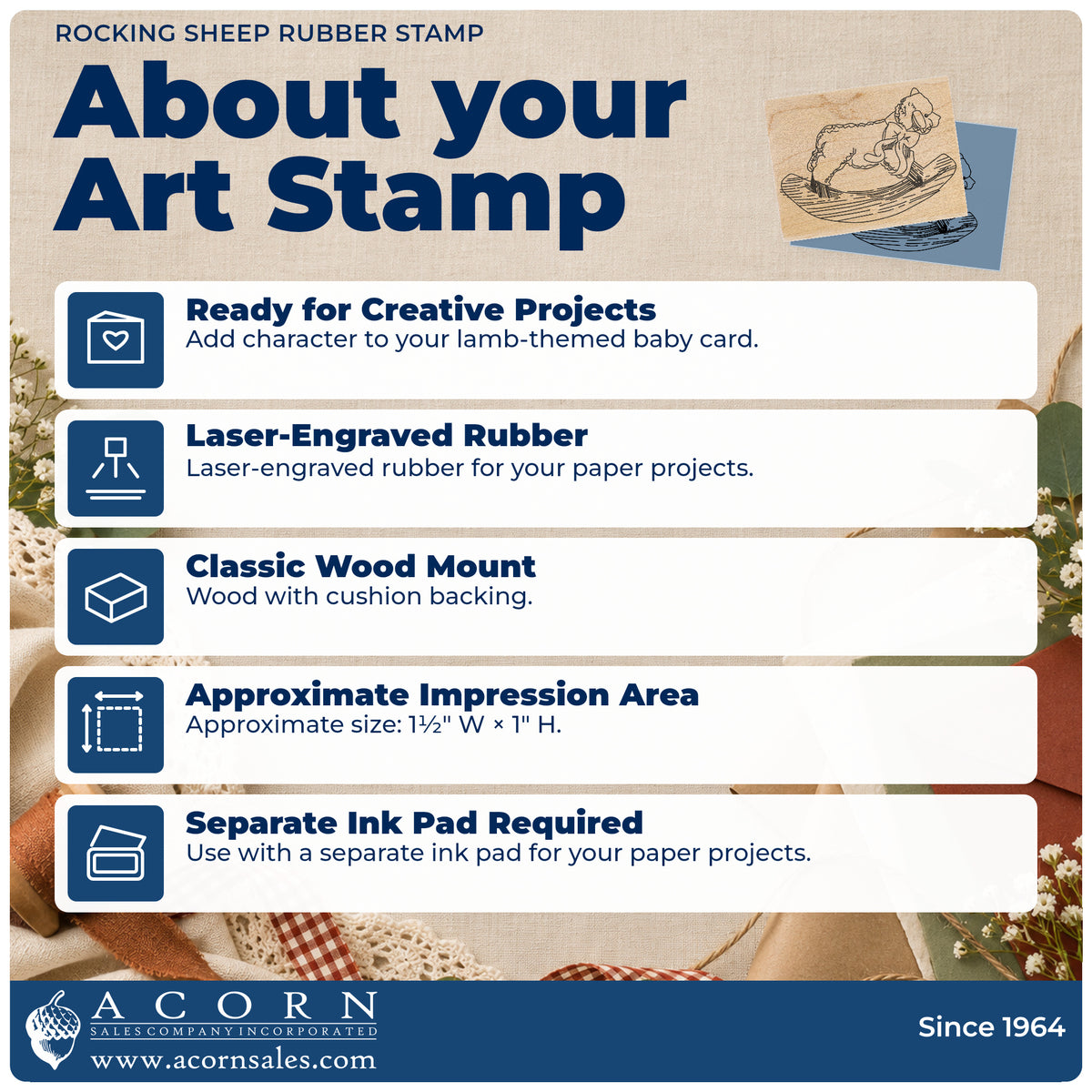 Rocking Sheep Rubber Stamp feature guide covering the wood mount, rubber construction, approximate size and separate ink pad.