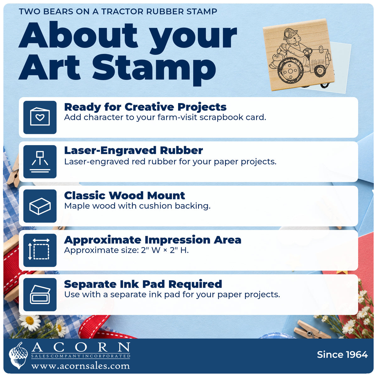 Two Bears on a Tractor Rubber Stamp feature guide covering the wood mount, rubber construction, approximate size and separate ink pad.