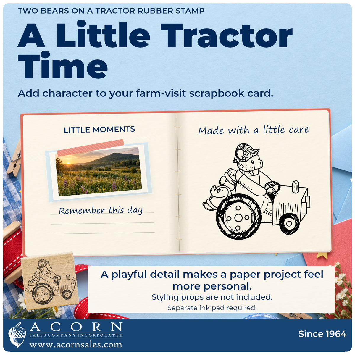 Two Bears on a Tractor Rubber Stamp project inspiration: farm visit scrapbook card.