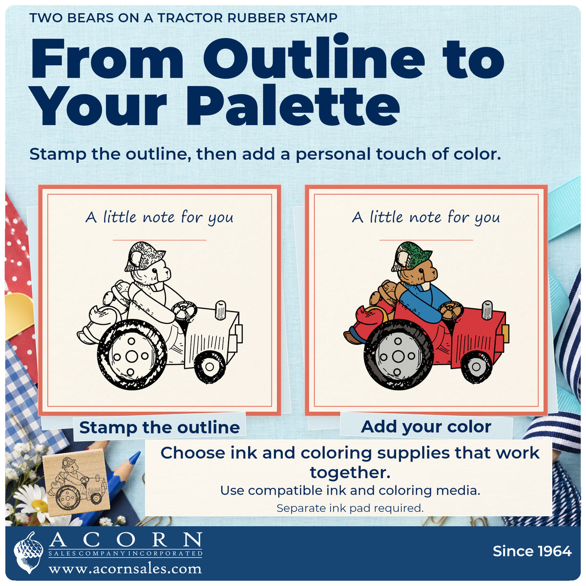 Two Bears on a Tractor Rubber Stamp stamp-and-color guide comparing an outline impression with a colored example.