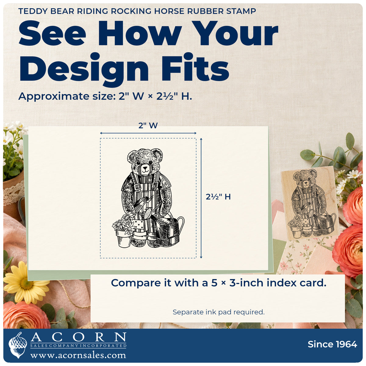 Teddy Bear Riding Rocking Horse Rubber Stamp impression-size guide showing the design on a paper reference with dimension labels.