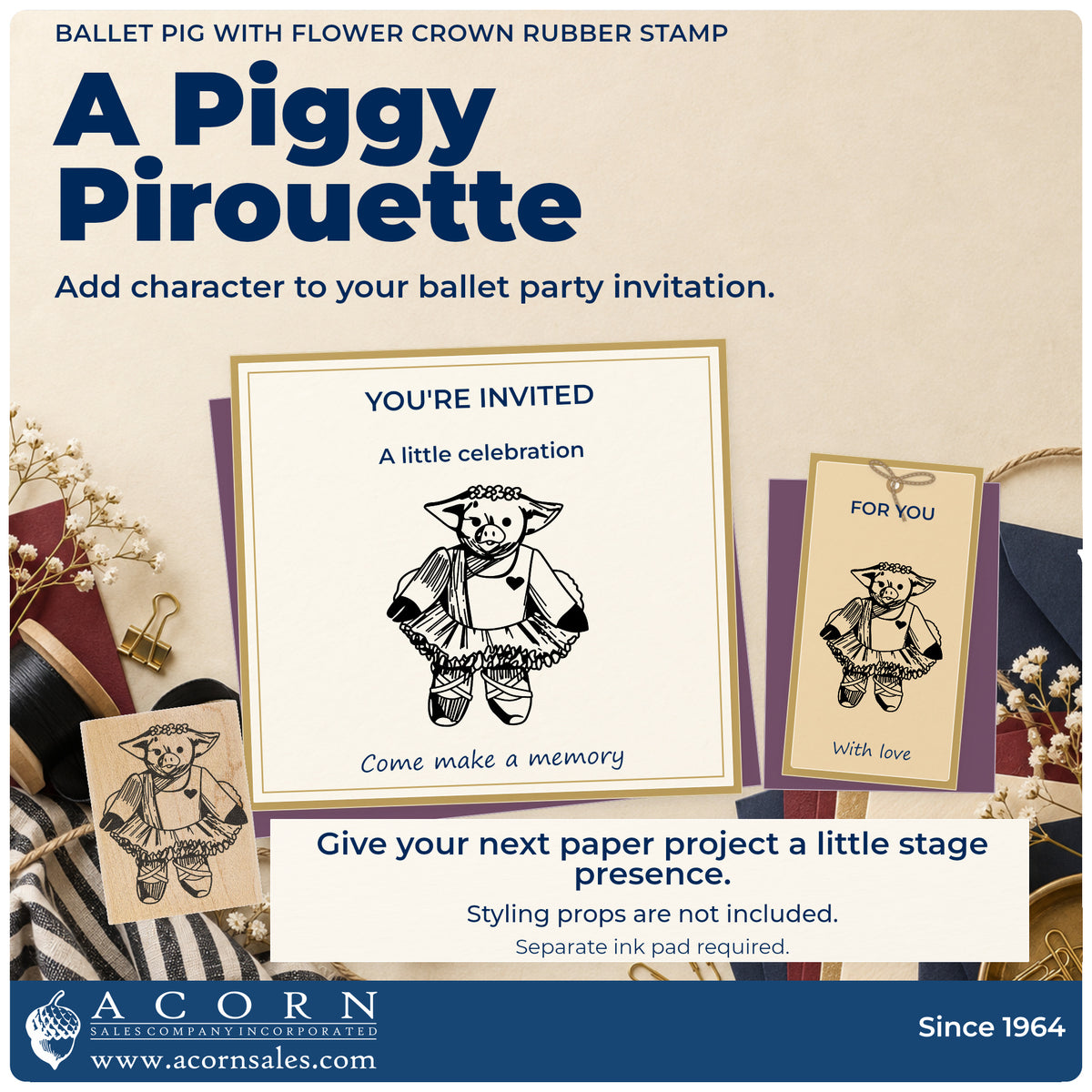 Ballet Pig with Flower Crown Rubber Stamp project inspiration: ballet party invitation.