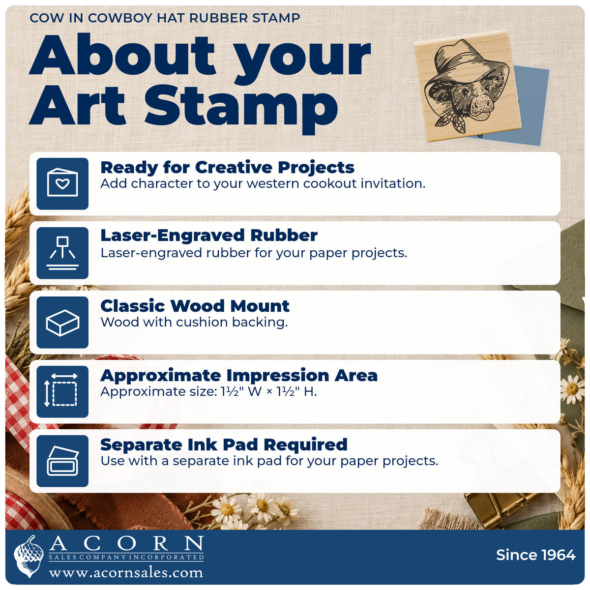 Cow in Cowboy Hat Rubber Stamp feature guide covering the wood mount, rubber construction, approximate size and separate ink pad.