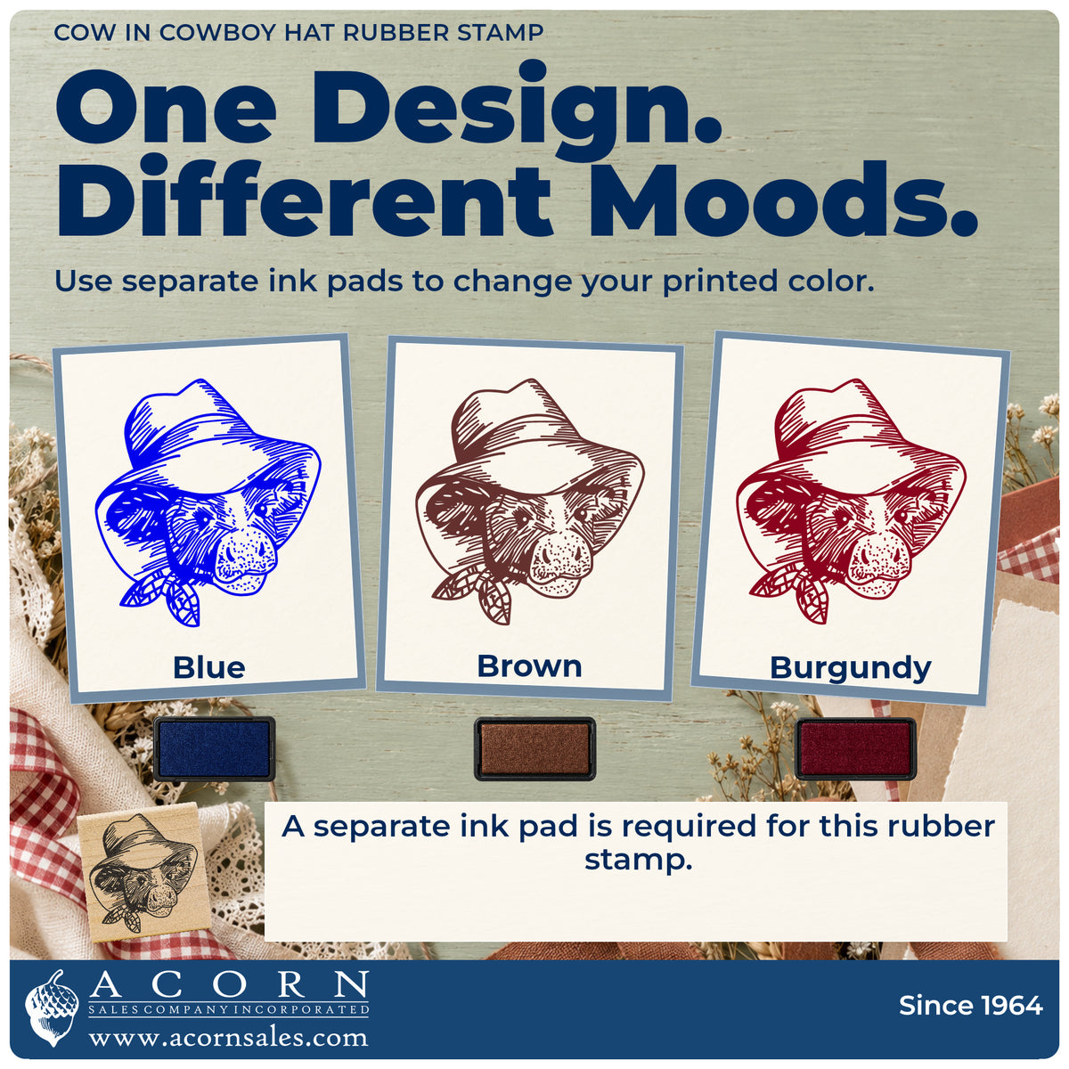 Cow in Cowboy Hat Rubber Stamp ink-color infographic comparing three single-color impressions and a separate ink pad.