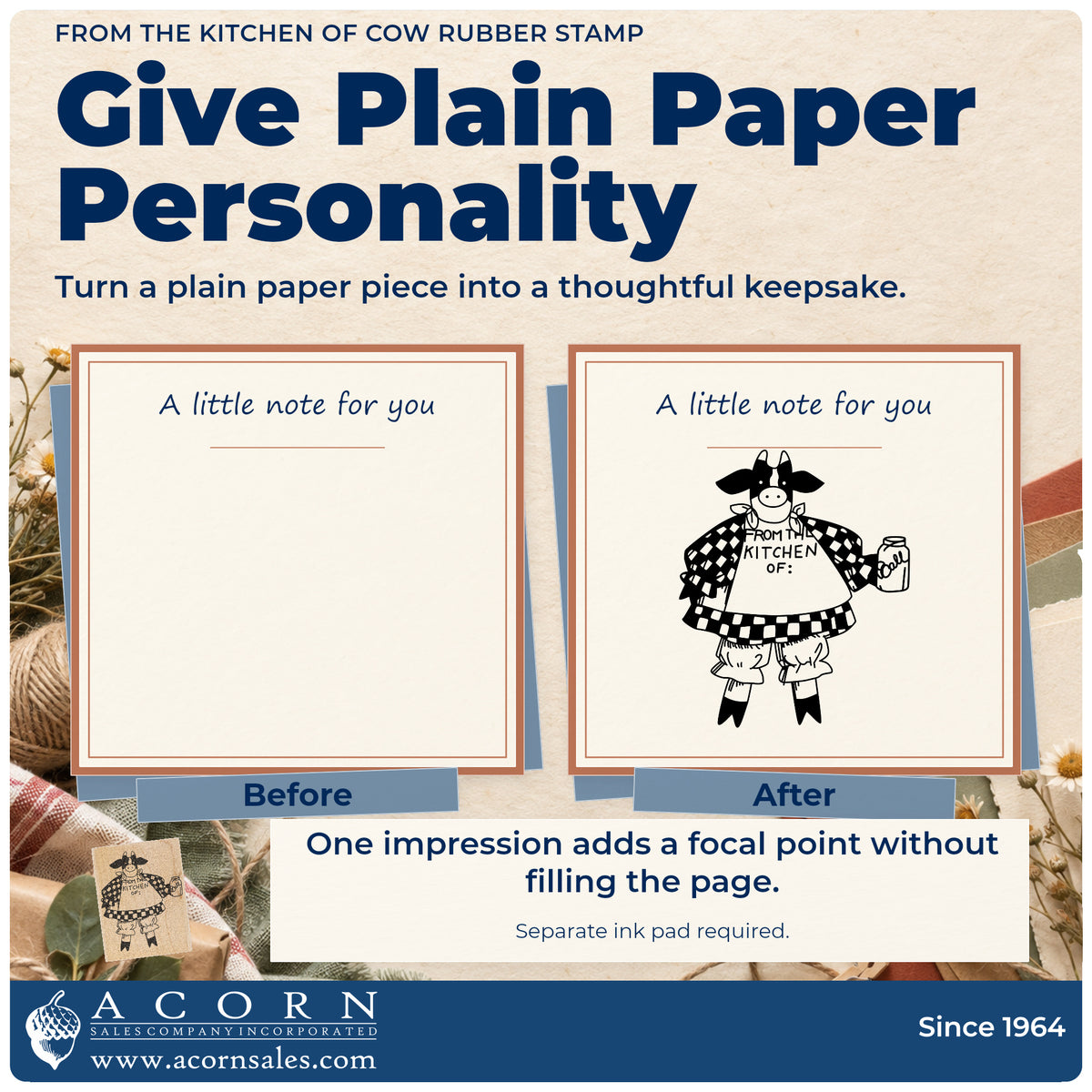 From the Kitchen Of Cow Rubber Stamp before-and-after infographic comparing plain paper with the stamped project.