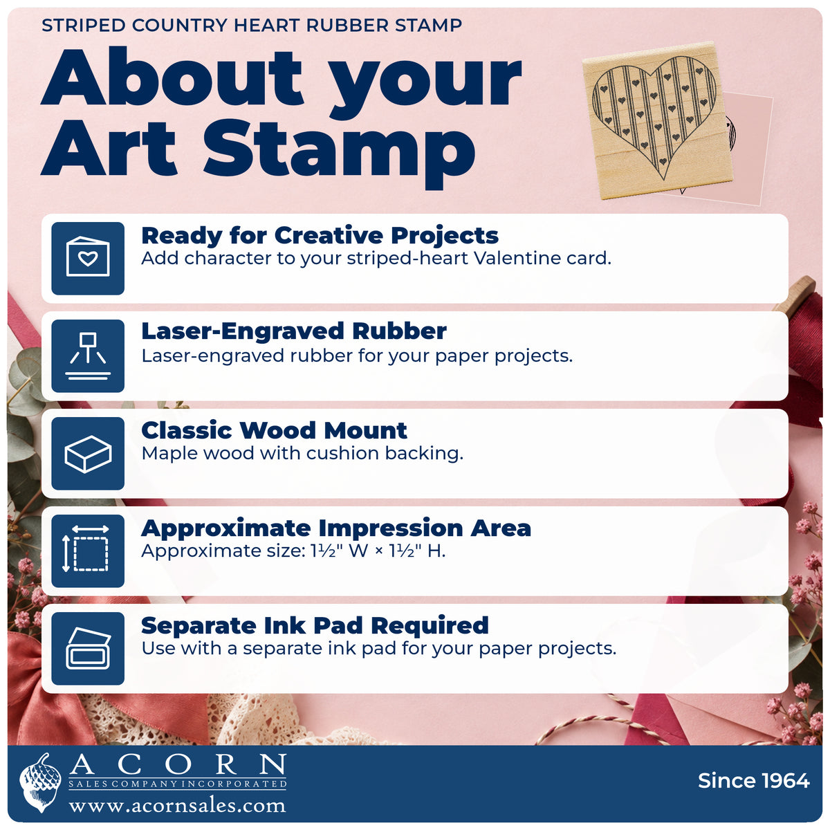 Striped Country Heart Rubber Stamp feature guide covering the wood mount, rubber construction, approximate size and separate ink pad.