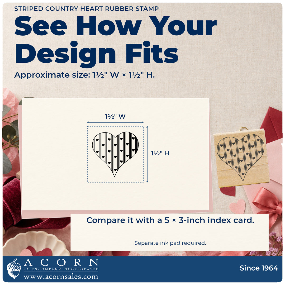 Striped Country Heart Rubber Stamp impression-size guide showing the design on a paper reference with dimension labels.
