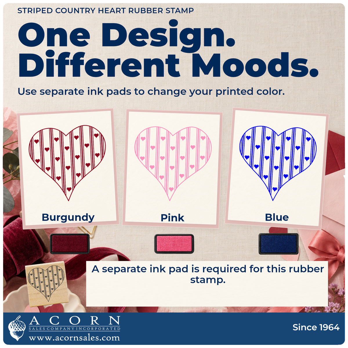 Striped Country Heart Rubber Stamp ink-color infographic comparing three single-color impressions and a separate ink pad.