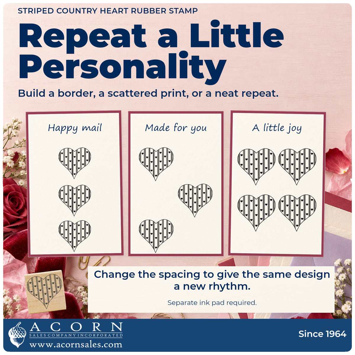 Striped Country Heart Rubber Stamp pattern guide showing repeated impressions in borders, scattered prints and a grid.
