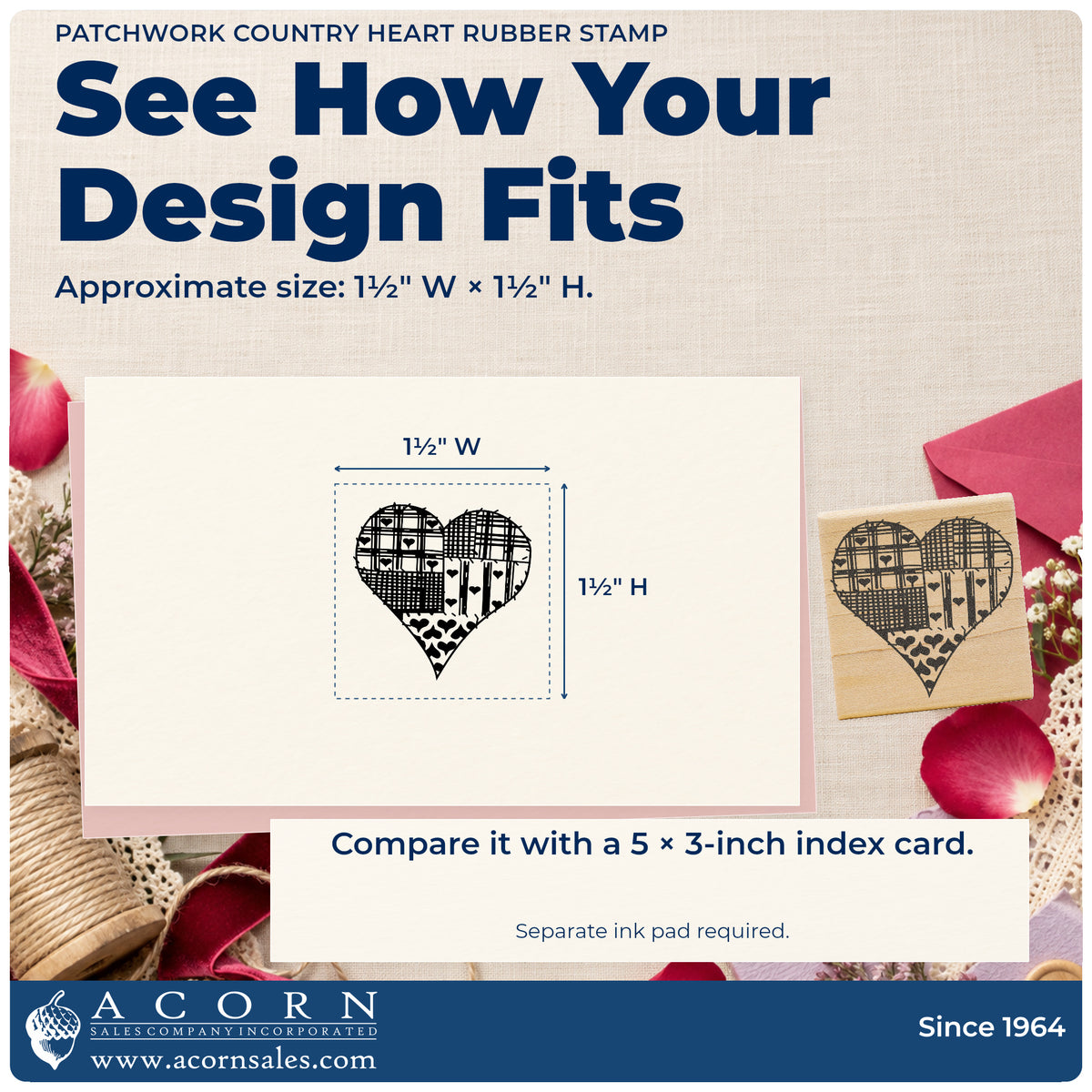 Patchwork Country Heart Rubber Stamp impression-size guide showing the design on a paper reference with dimension labels.