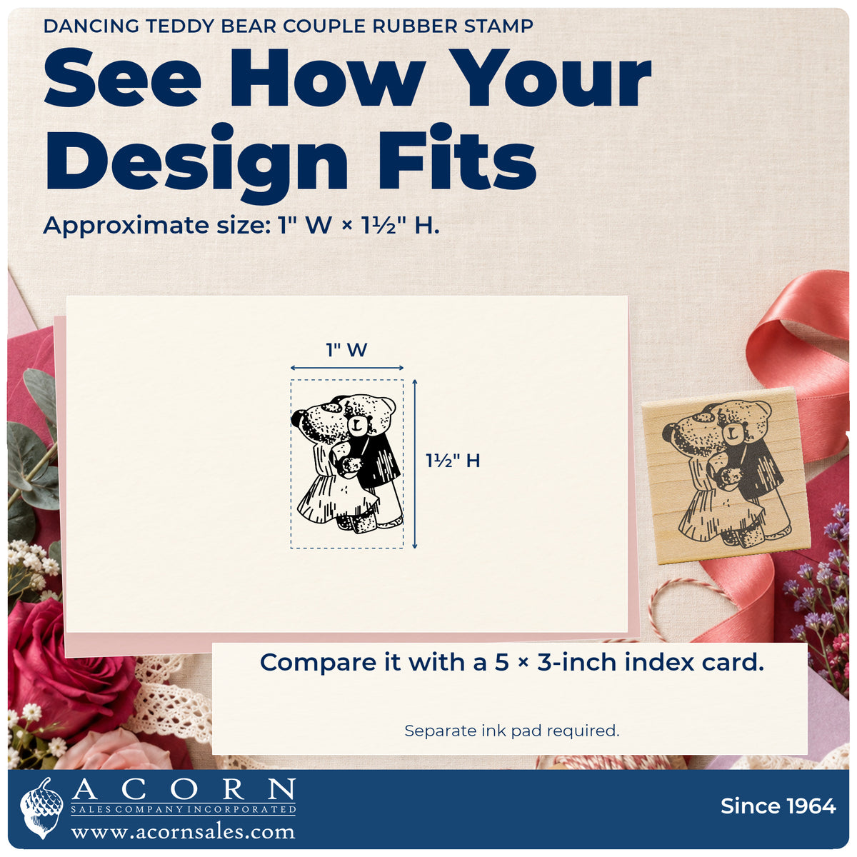 Dancing Teddy Bear Couple Rubber Stamp impression-size guide showing the design on a paper reference with dimension labels.