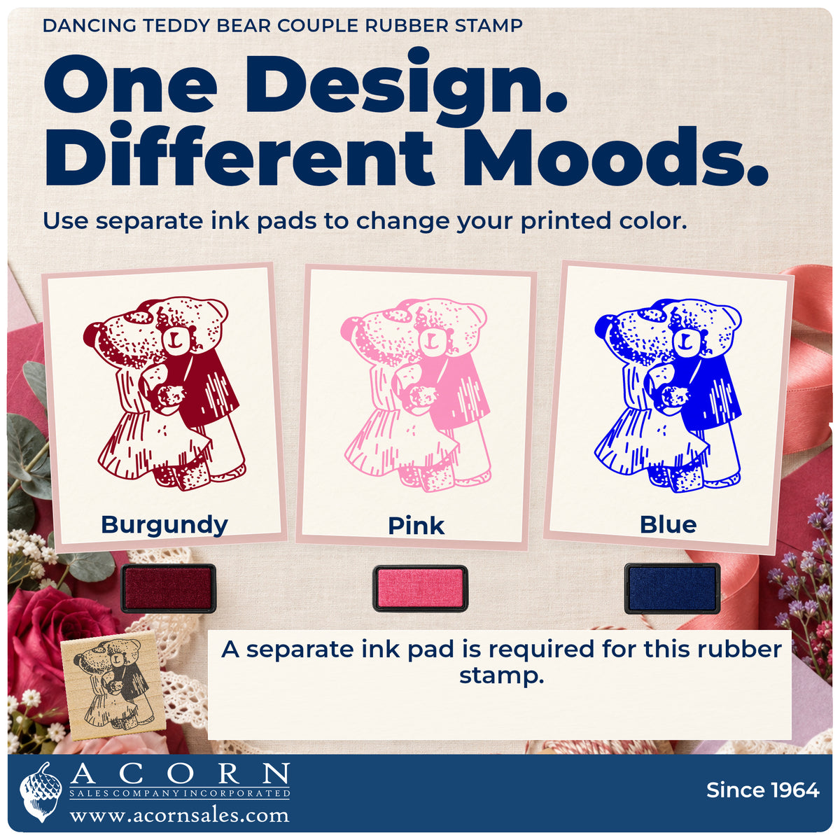 Dancing Teddy Bear Couple Rubber Stamp ink-color infographic comparing three single-color impressions and a separate ink pad.