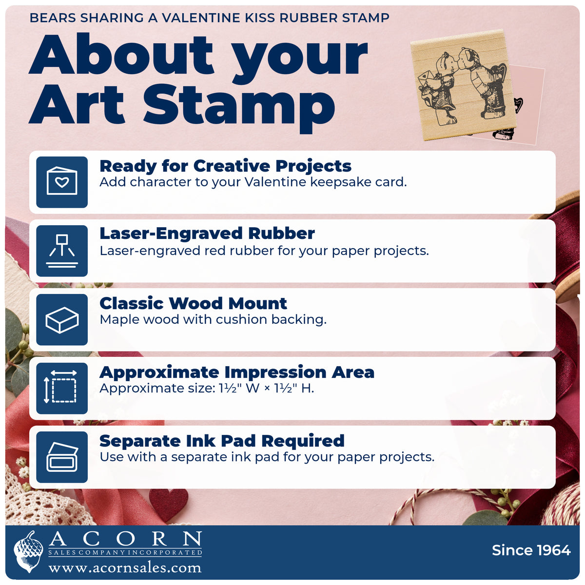 Bears Sharing a Valentine Kiss Rubber Stamp feature guide covering the wood mount, rubber construction, approximate size and separate ink pad.