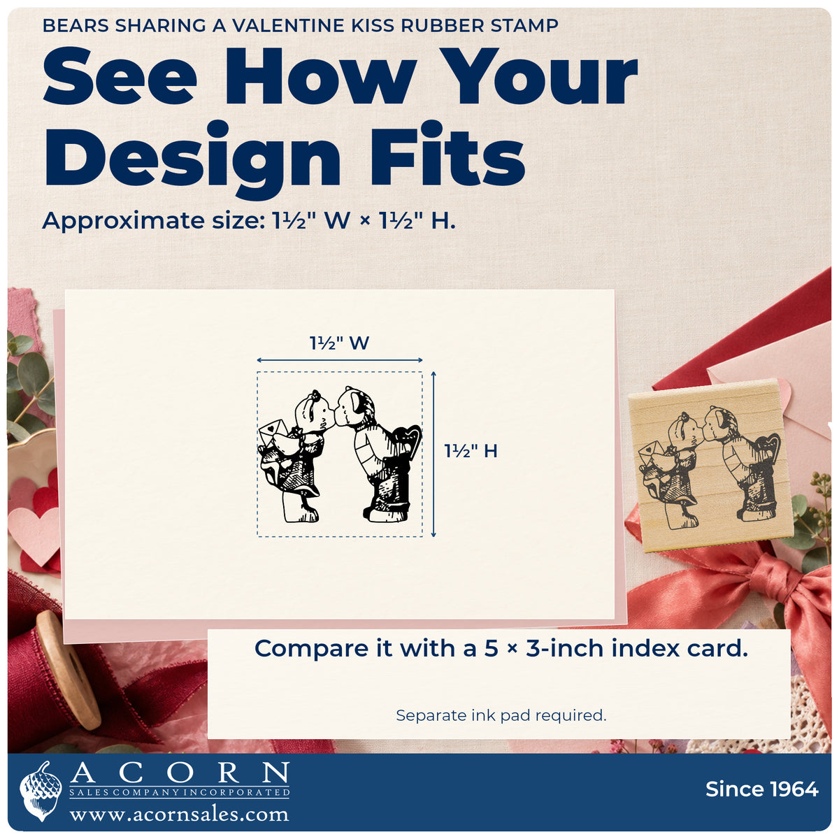 Bears Sharing a Valentine Kiss Rubber Stamp impression-size guide showing the design on a paper reference with dimension labels.