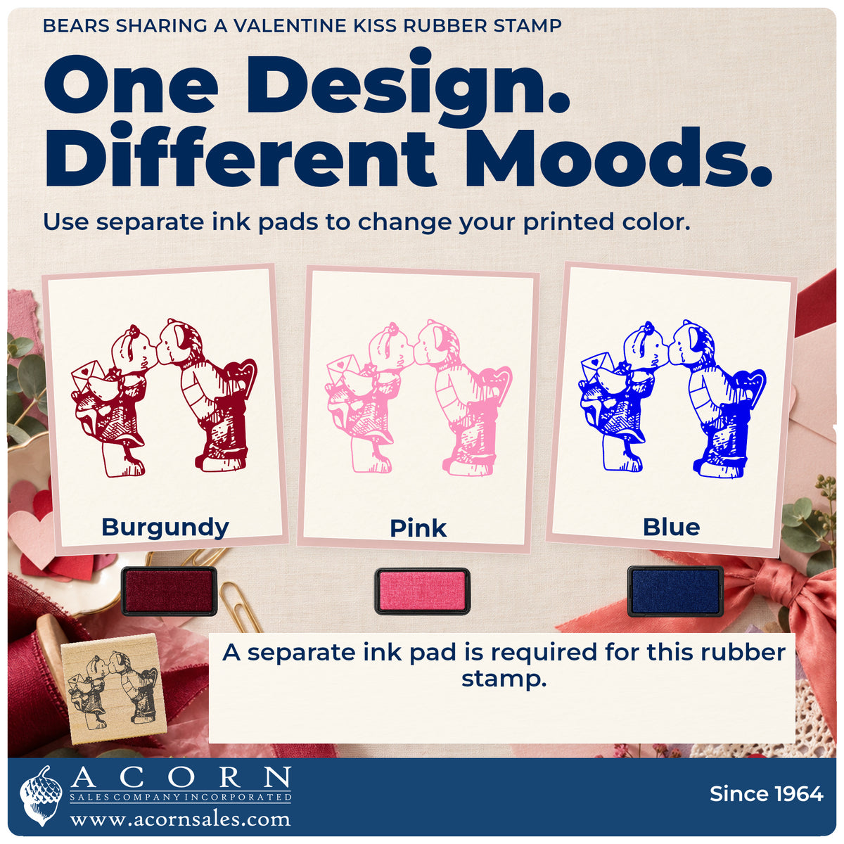 Bears Sharing a Valentine Kiss Rubber Stamp ink-color infographic comparing three single-color impressions and a separate ink pad.