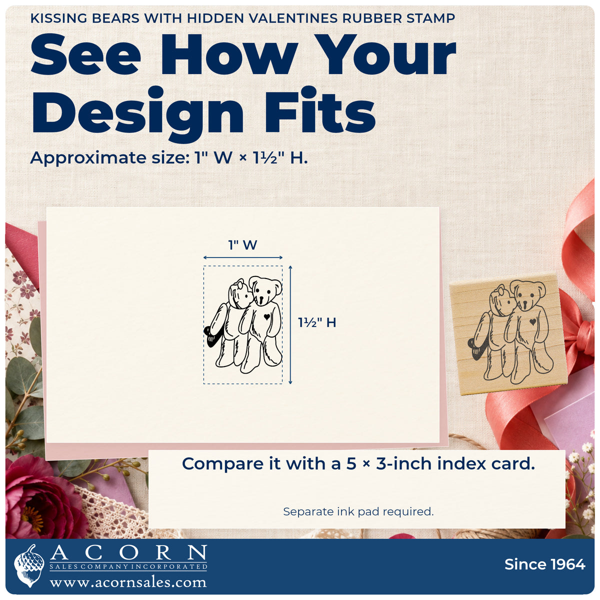 Kissing Bears with Hidden Valentines Rubber Stamp impression-size guide showing the design on a paper reference with dimension labels.