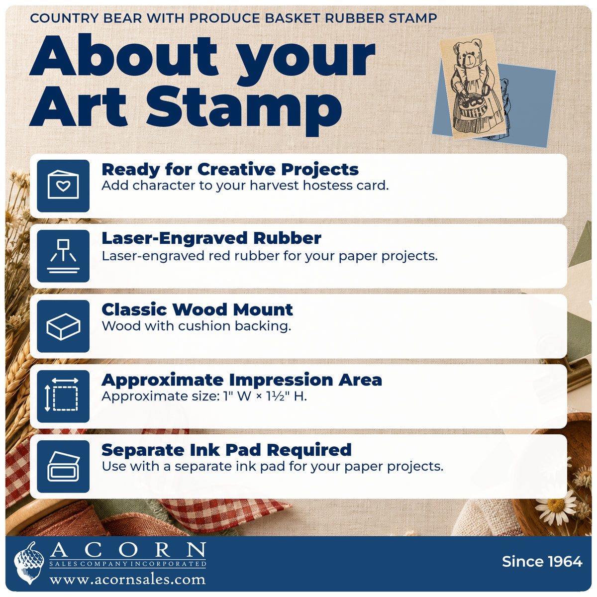 Country Bear with Produce Basket Rubber Stamp feature guide covering the wood mount, rubber construction, approximate size and separate ink pad.
