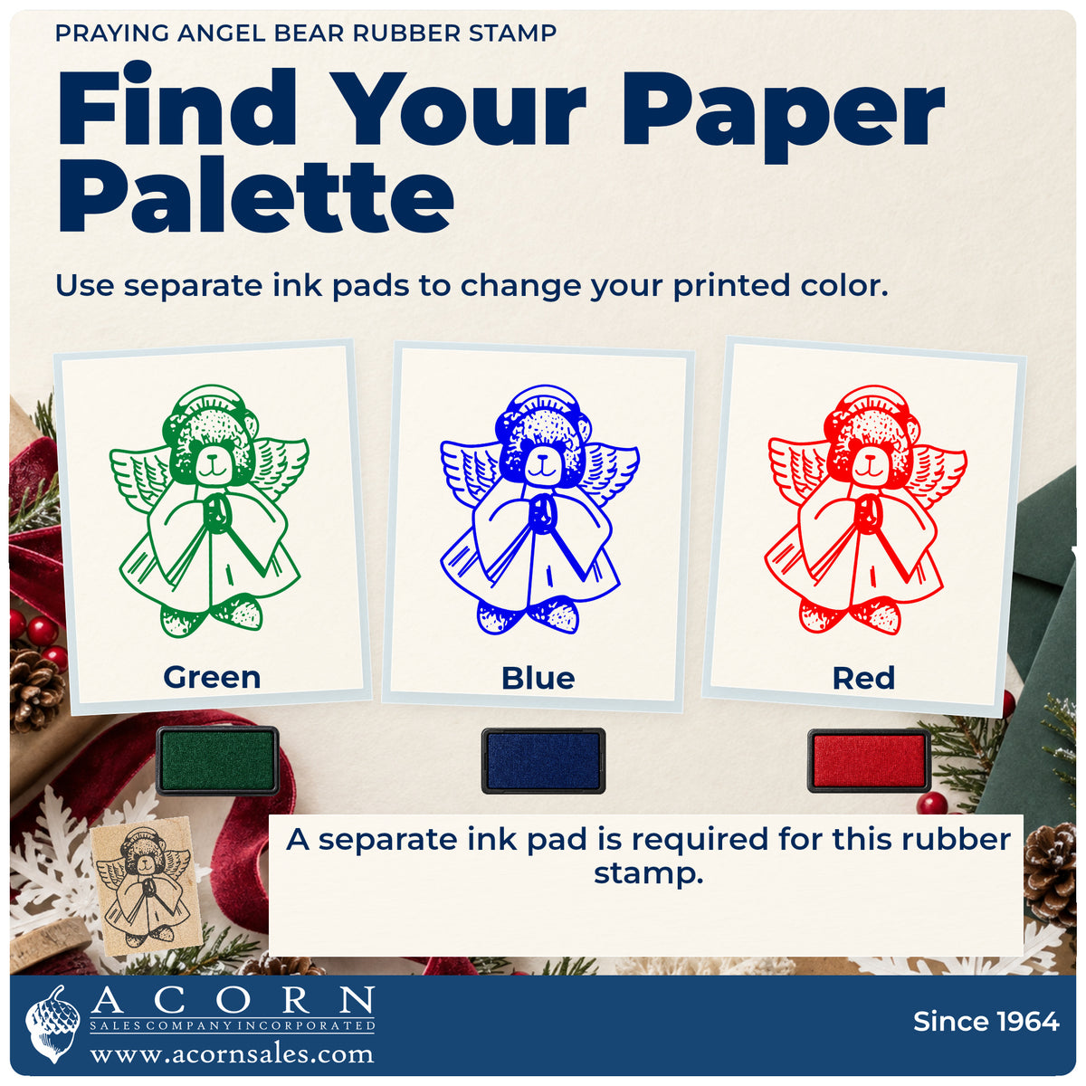 Praying Angel Bear Rubber Stamp ink-color infographic comparing three single-color impressions and a separate ink pad.