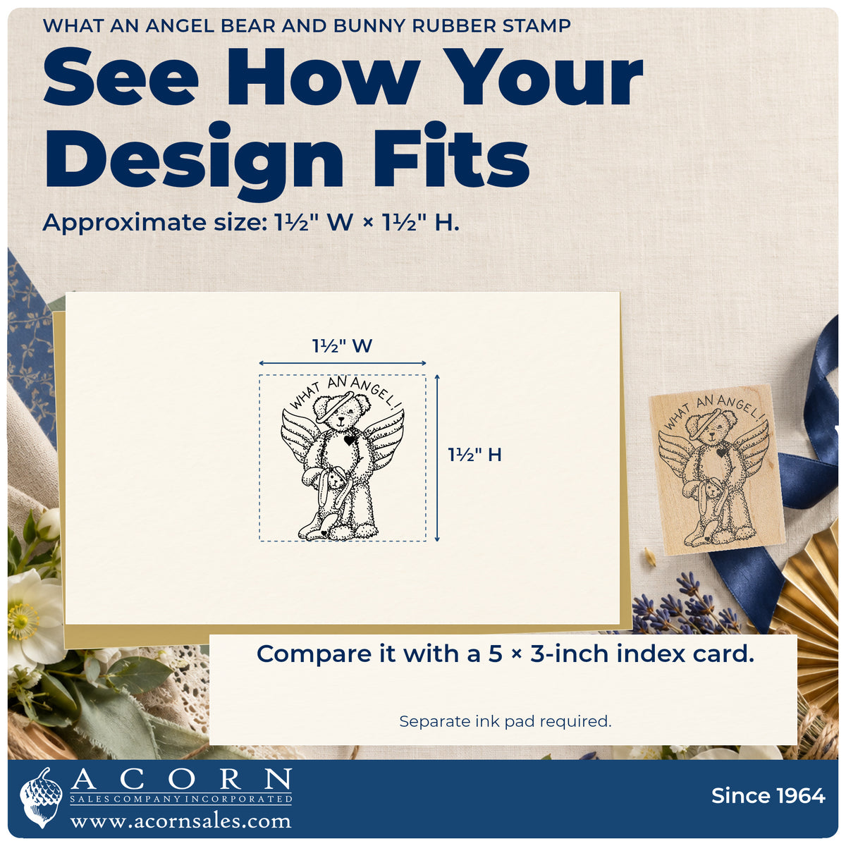 What an Angel Bear and Bunny Rubber Stamp impression-size guide showing the design on a paper reference with dimension labels.