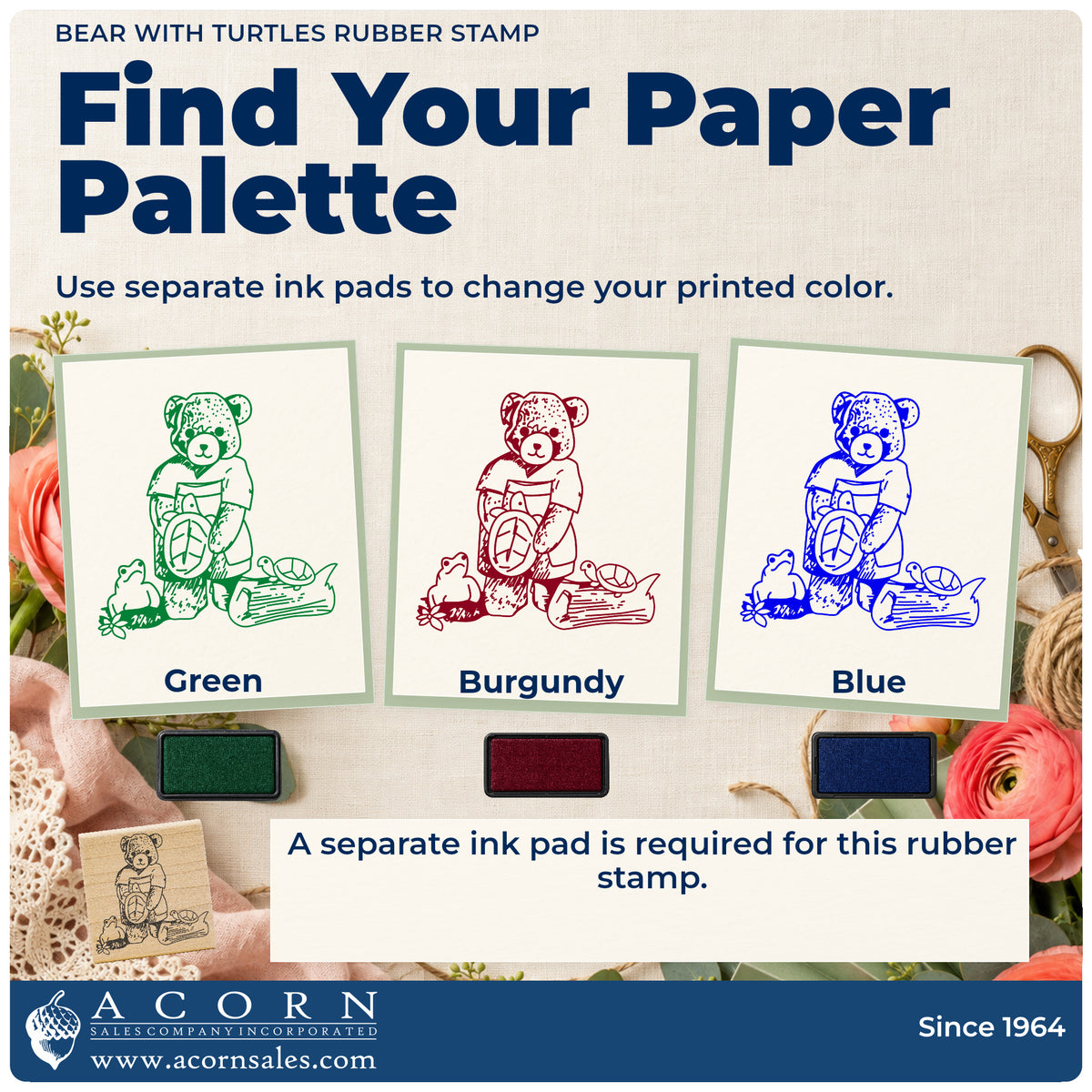 Bear with Turtles Rubber Stamp ink-color infographic comparing three single-color impressions and a separate ink pad.