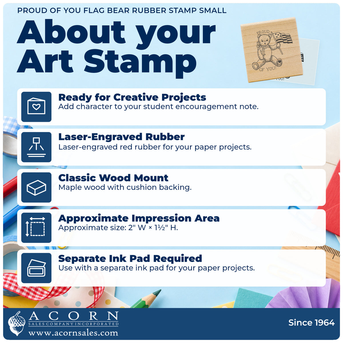 Proud of You Flag Bear Rubber Stamp Small feature guide covering the wood mount, rubber construction, approximate size and separate ink pad.