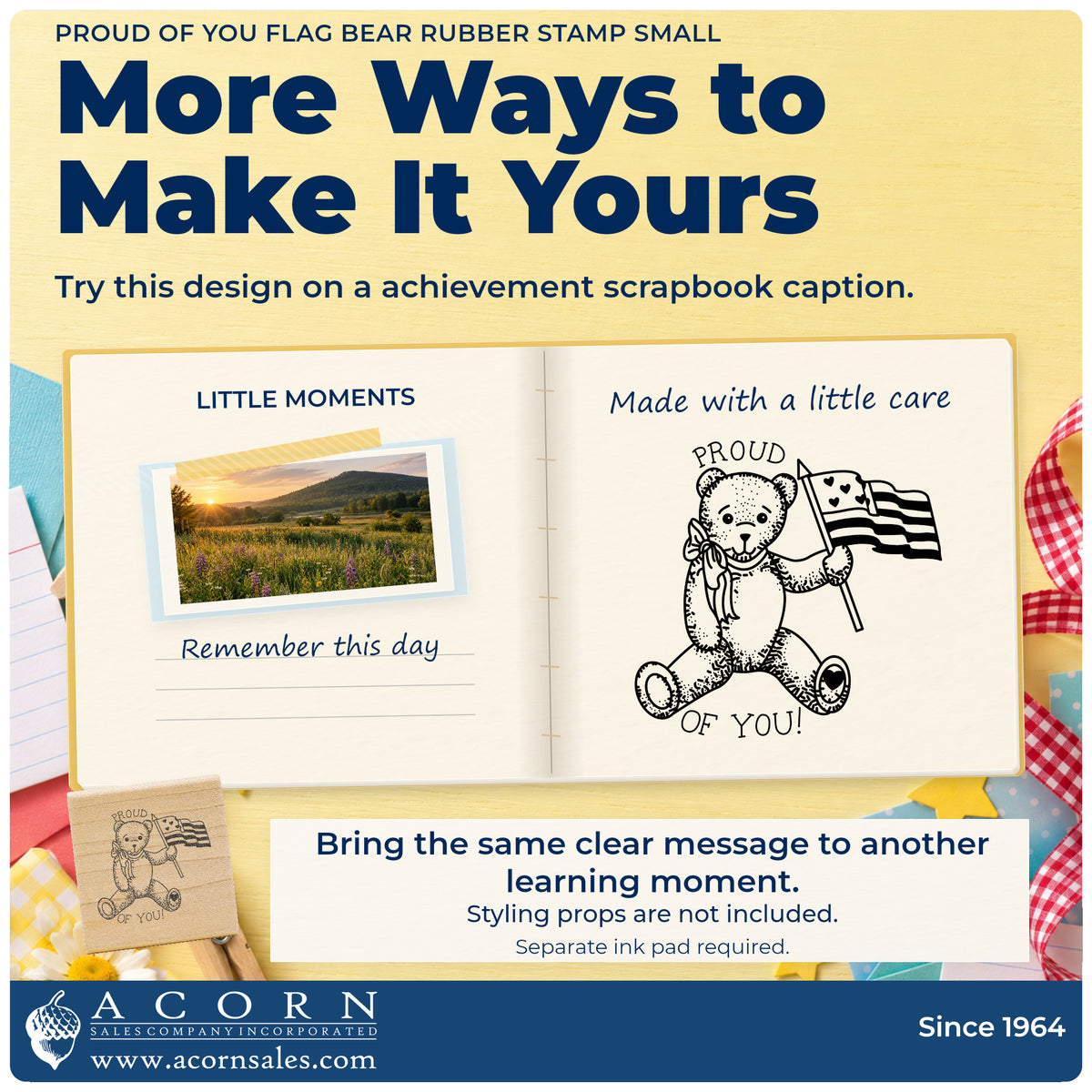 Proud of You Flag Bear Rubber Stamp Small project inspiration: achievement scrapbook caption.