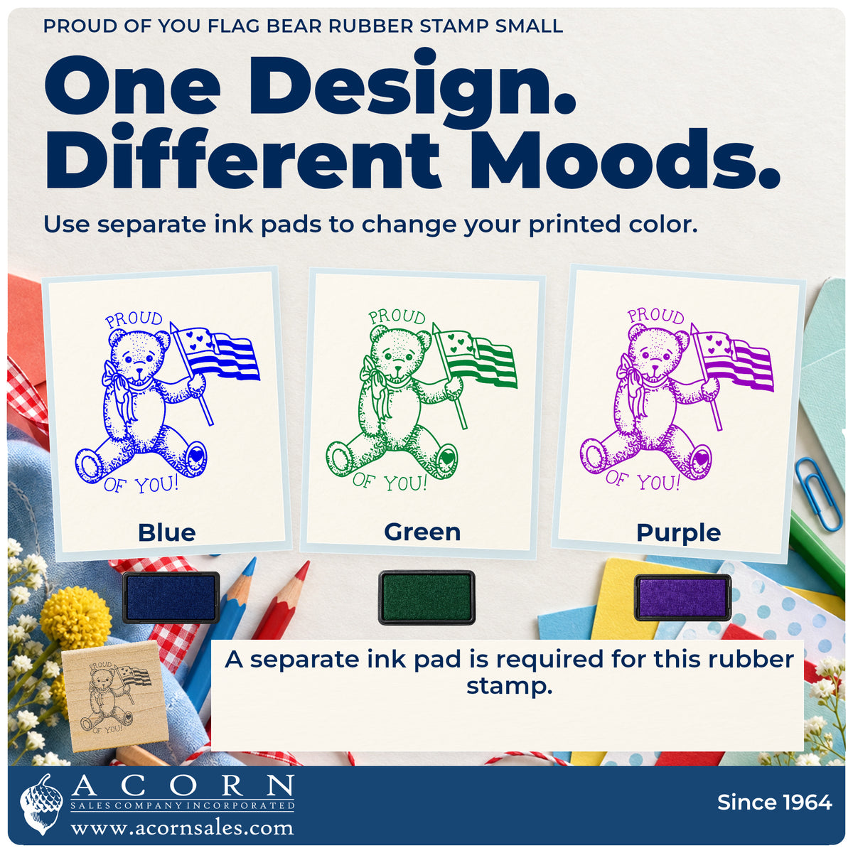 Proud of You Flag Bear Rubber Stamp Small ink-color infographic comparing three single-color impressions and a separate ink pad.
