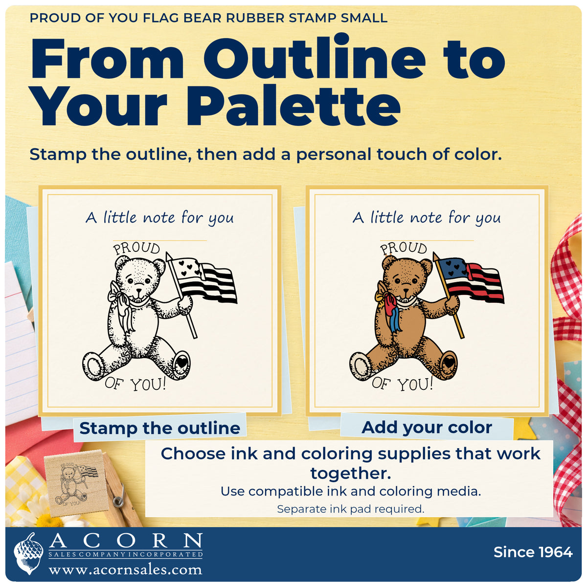 Proud of You Flag Bear Rubber Stamp Small stamp-and-color guide comparing an outline impression with a colored example.