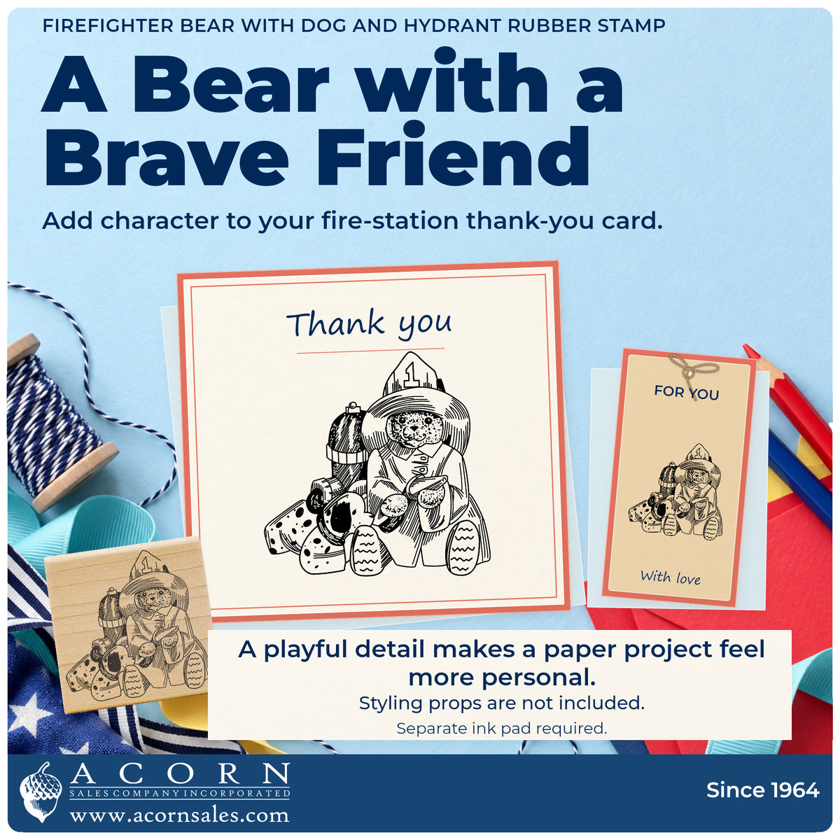 Firefighter Bear with Dog and Hydrant Rubber Stamp project inspiration: fire station thank you card.