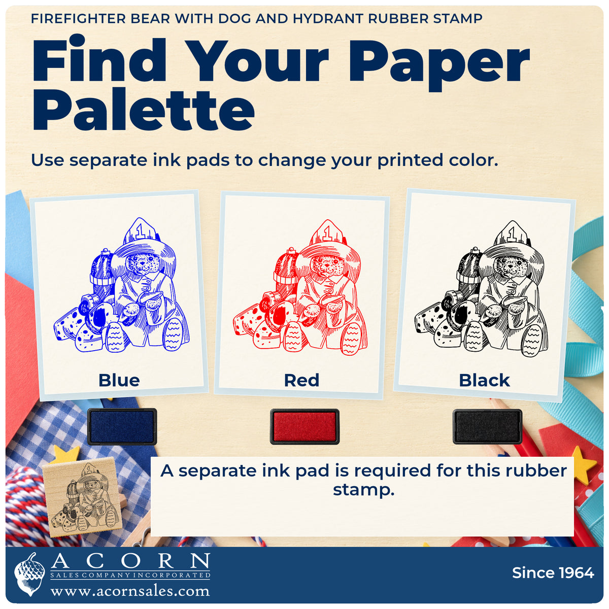 Firefighter Bear with Dog and Hydrant Rubber Stamp ink-color infographic comparing three single-color impressions and a separate ink pad.