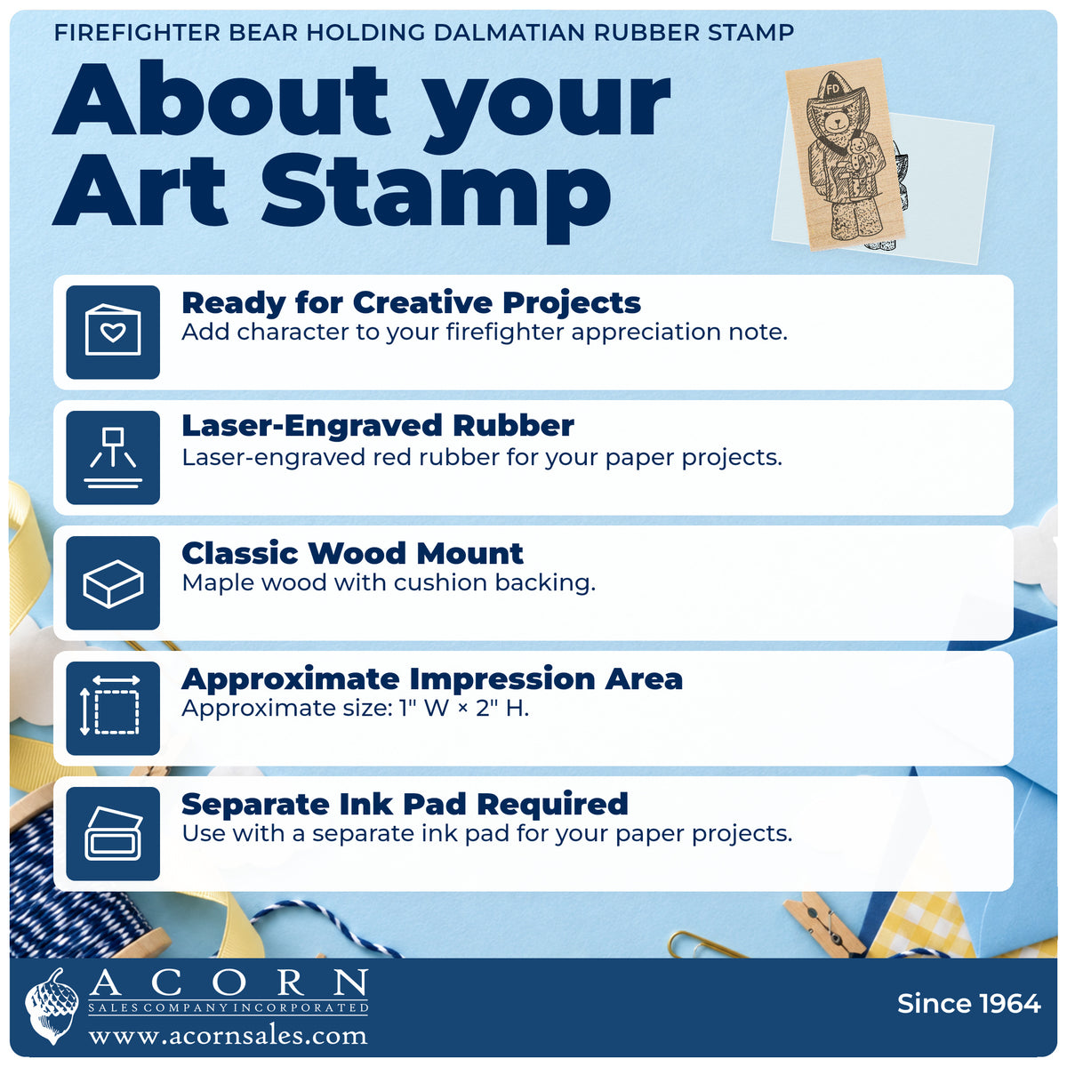 Firefighter Bear Holding Dalmatian Rubber Stamp feature guide covering the wood mount, rubber construction, approximate size and separate ink pad.