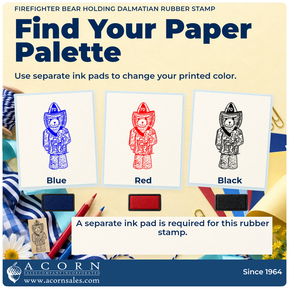 Firefighter Bear Holding Dalmatian Rubber Stamp ink-color infographic comparing three single-color impressions and a separate ink pad.