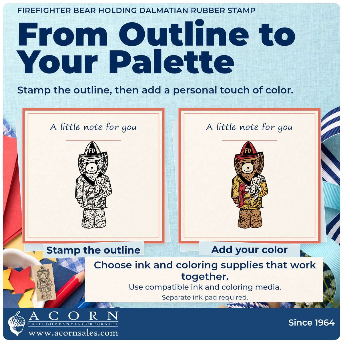 Firefighter Bear Holding Dalmatian Rubber Stamp stamp-and-color guide comparing an outline impression with a colored example.