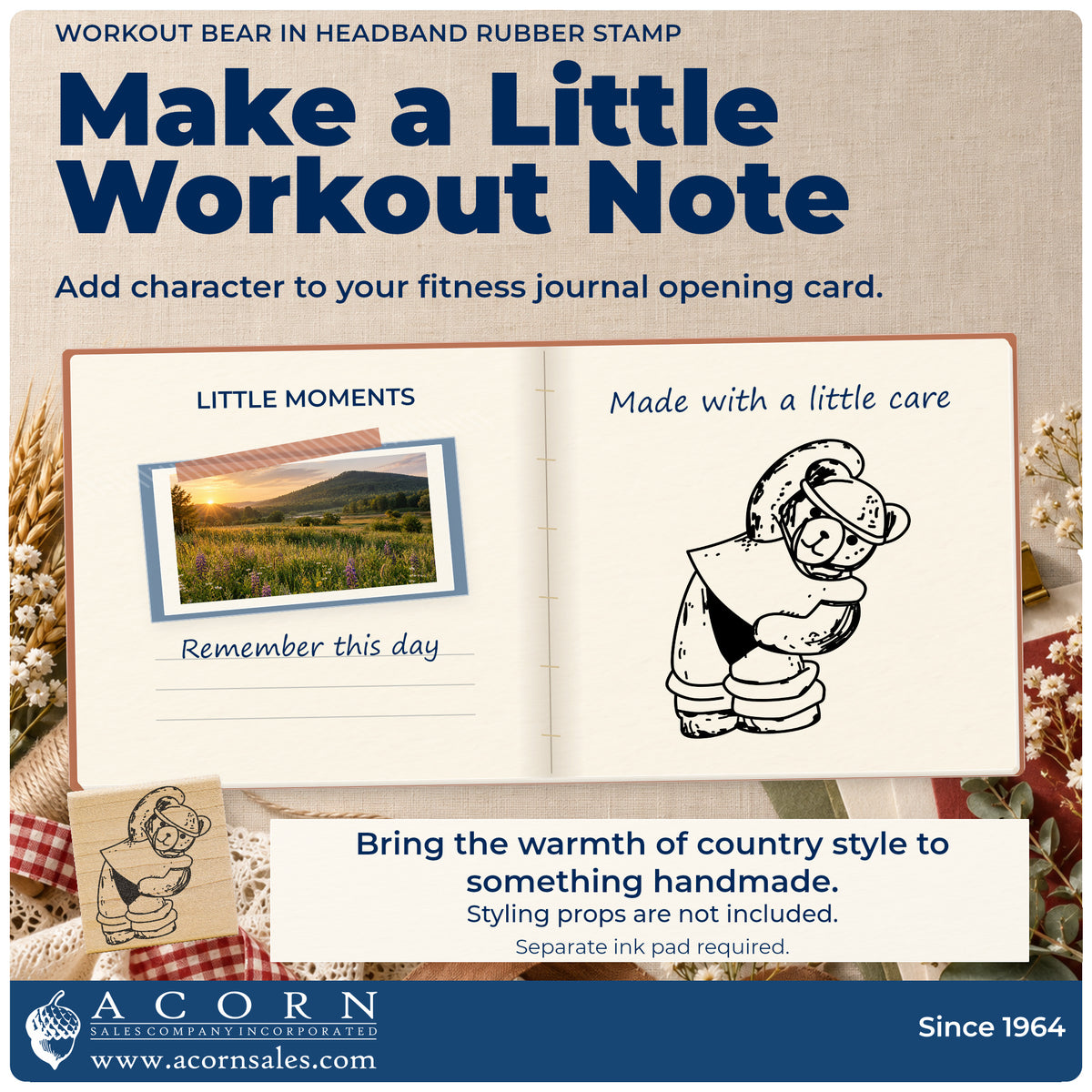 Workout Bear in Headband Rubber Stamp project inspiration: fitness journal opening card.