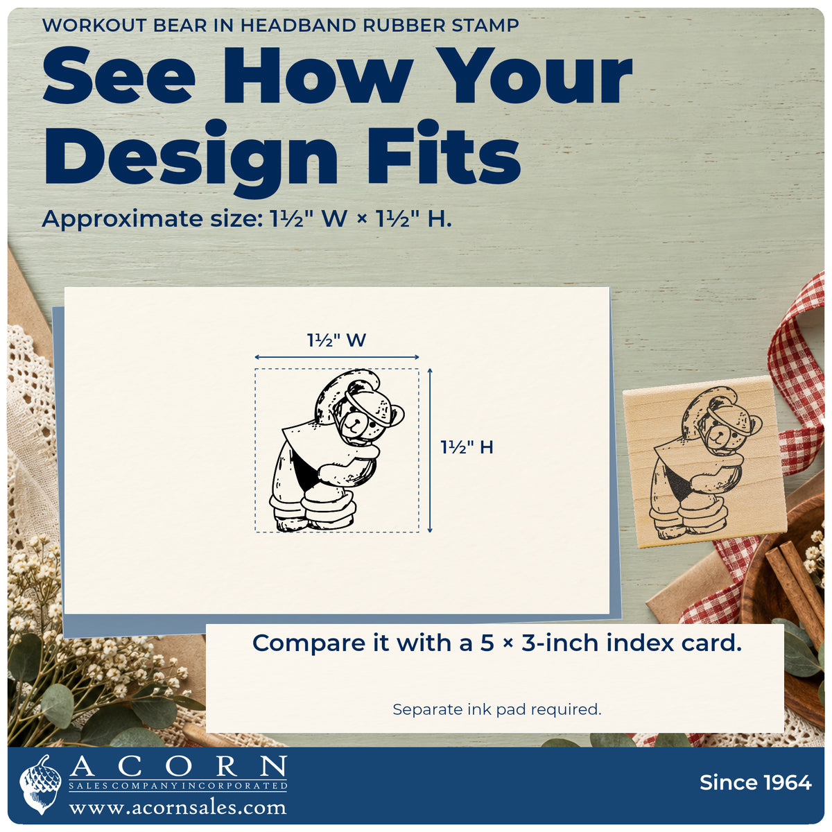 Workout Bear in Headband Rubber Stamp impression-size guide showing the design on a paper reference with dimension labels.